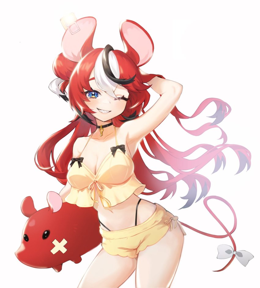 1girl animal_ears black_panties blue_eyes bow breasts hair_down hakos_baelz hand_in_own_hair highleg highleg_panties highres hololive hololive_english honsi_(xhnu3527) jewelry key key_necklace long_hair medium_breasts midriff mouse_ears mouse_tail multicolored_hair navel necklace one_eye_closed panties red_hair sharp_teeth short_shorts shorts sleepwear smile streaked_hair stuffed_animal stuffed_mouse stuffed_toy tail tail_bow tail_ornament teeth underwear virtual_youtuber white_background