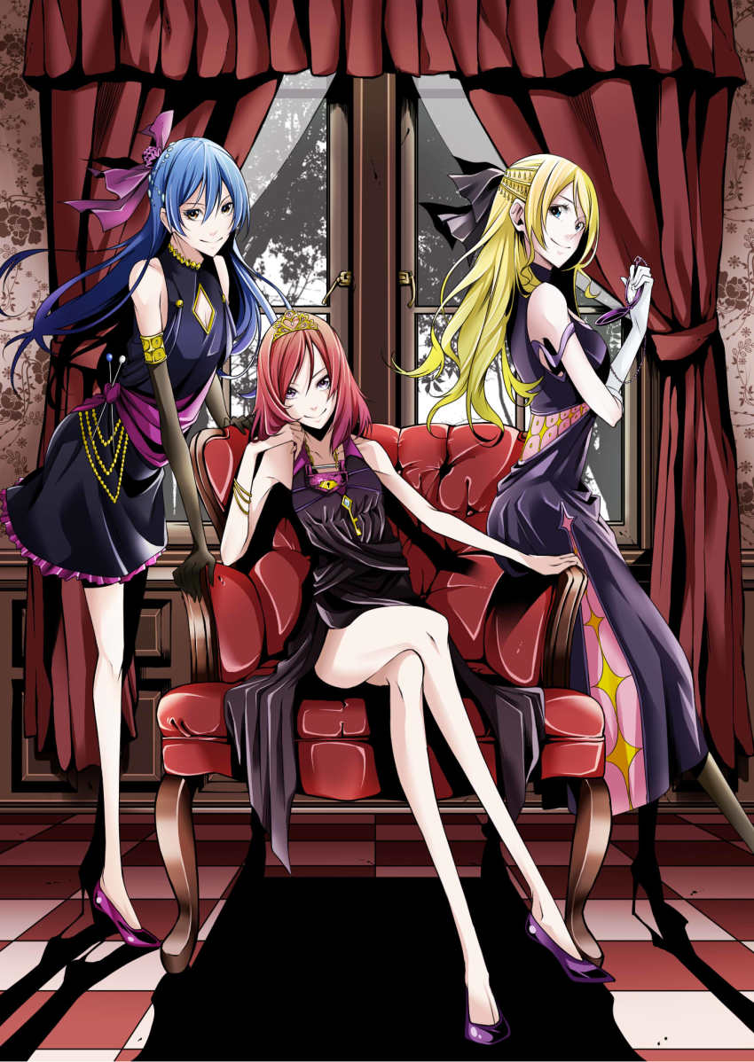 3girls arm_support ayase_eli black_dress black_gloves black_legwear black_ribbon blonde_hair blue_eyes blue_hair bracelet breasts brown_eyes checkered_floor cleavage collarbone diadem dress elbow_gloves frilled_dress frills full_body gloves hair_ornament hair_ribbon head_rest highres holding indoors jewelry leaning_forward crossed_legs long_hair looking_at_viewer love_live! love_live!_school_idol_festival love_live!_school_idol_project multiple_girls nishikino_maki purple_eyes purple_ribbon red_hair ribbon shadow short_dress sitting small_breasts smile soldier_game sonoda_umi standing very_long_hair vice_(kuronekohadokoheiku) white_gloves window