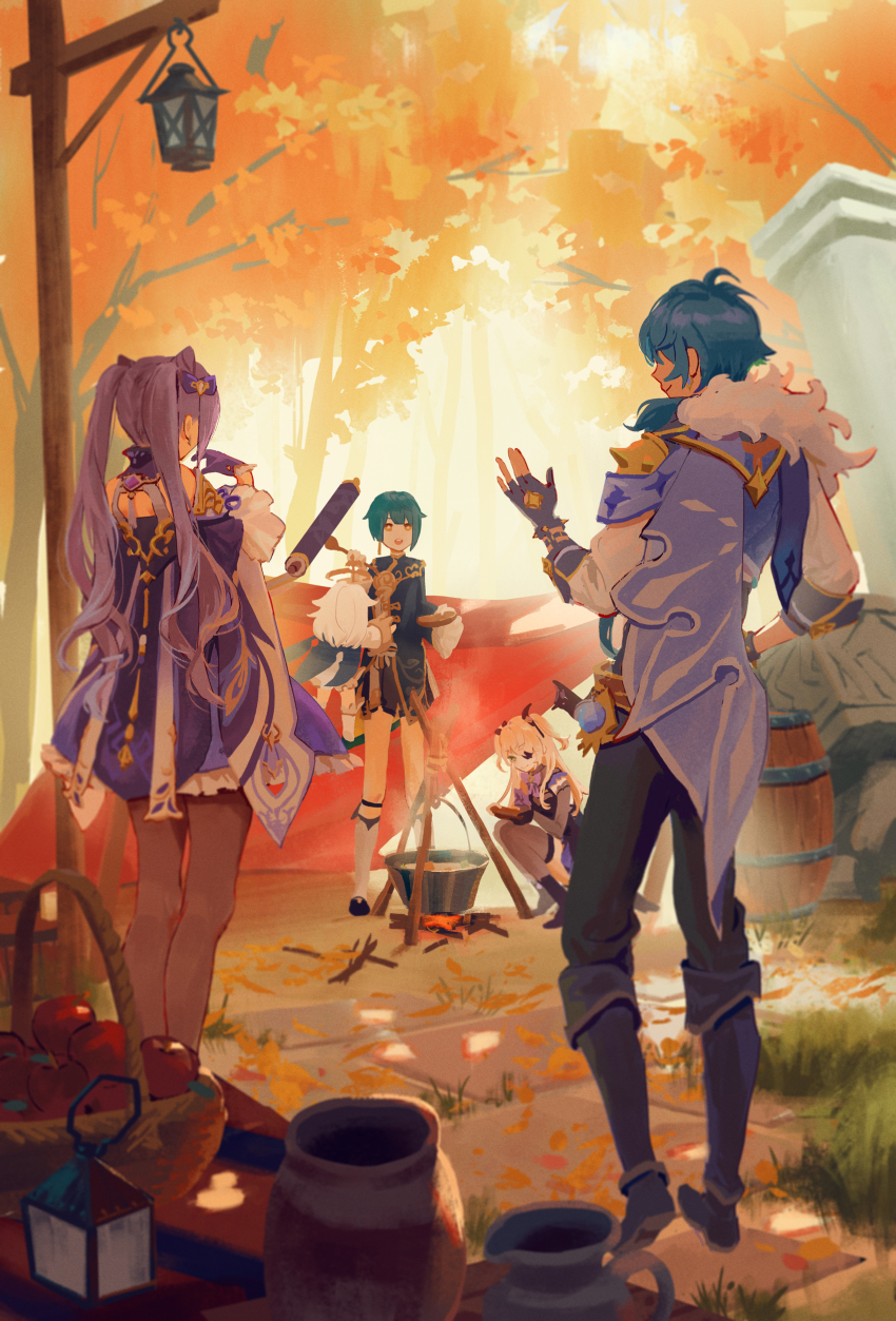 2boys 3girls absurdres apple barrel basket black_pantyhose blonde_hair blue_hair boots campfire commentary_request cooking day detached_sleeves dress earrings eyepatch fischl_(genshin_impact) food fruit genshin_impact gloves halo highres jacket jewelry kaeya_(genshin_impact) keqing_(genshin_impact) lantern long_hair multiple_boys multiple_girls omegu outdoors paimon_(genshin_impact) pants pantyhose partially_fingerless_gloves pillar pot purple_eyes scroll shorts single_earring squatting standing steam table tree twintails two_side_up white_hair xingqiu_(genshin_impact)