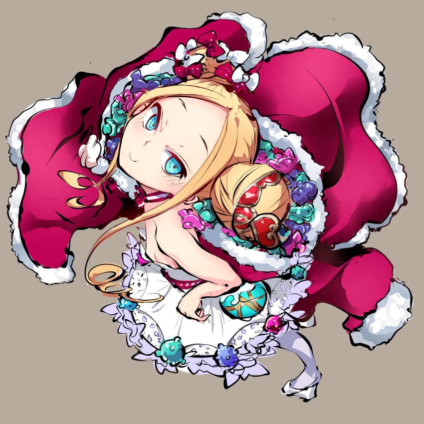 1girl abigail_williams_(fate) abigail_williams_(santa)_(fate) absurdres bare_shoulders blonde_hair blue_eyes blush bow breasts cloak double_bun dress fate/grand_order fate_(series) forehead fur-trimmed_cloak fur_trim hair_bow hair_bun highres long_hair looking_at_viewer ms06s pantyhose parted_bangs red_bow red_cloak sash sidelocks simple_background small_breasts smile solo stuffed_animal stuffed_toy teddy_bear tiara white_bow white_dress white_pantyhose