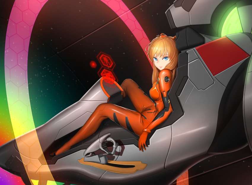 1girl banajune blue_eyes bodysuit female_focus floating_screen from_side glowing hair_ornament hexagon honeycomb_pattern long_hair looking_at_viewer machinery mecha_pilot_suit neon_genesis_evangelion orange_hair plugsuit revision sitting solo souryuu_asuka_langley space star_(sky) transparent vehicle