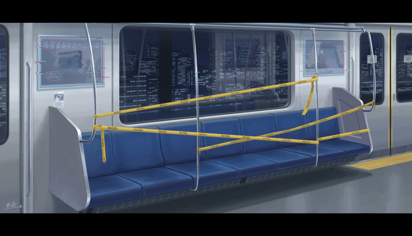 akafune artist_name building caution_tape city commentary_request highres no_humans original scenery sign train_interior window