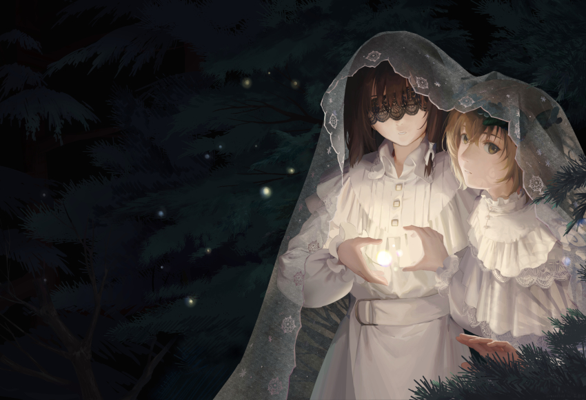 2girls alternate_costume bad_id bad_pixiv_id belt blonde_hair braid brown_hair bush capelet covered_eyes dress forest frilled_capelet frills highres karaori maribel_hearn multiple_girls nature night orb outdoors sharing touhou usami_renko