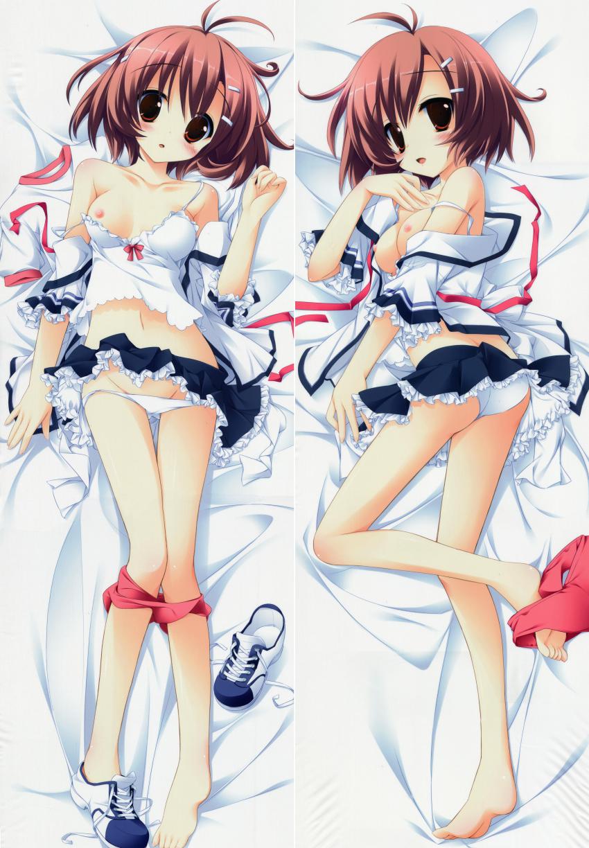 absurdres ass barefoot blush brown_eyes brown_hair dakimakura_(medium) feet hattori_aya highres koiiro_soramoyou lucie lying navel on_back on_side open_mouth panties shoes short_hair single_shoe strap_slip toes underwear white_panties