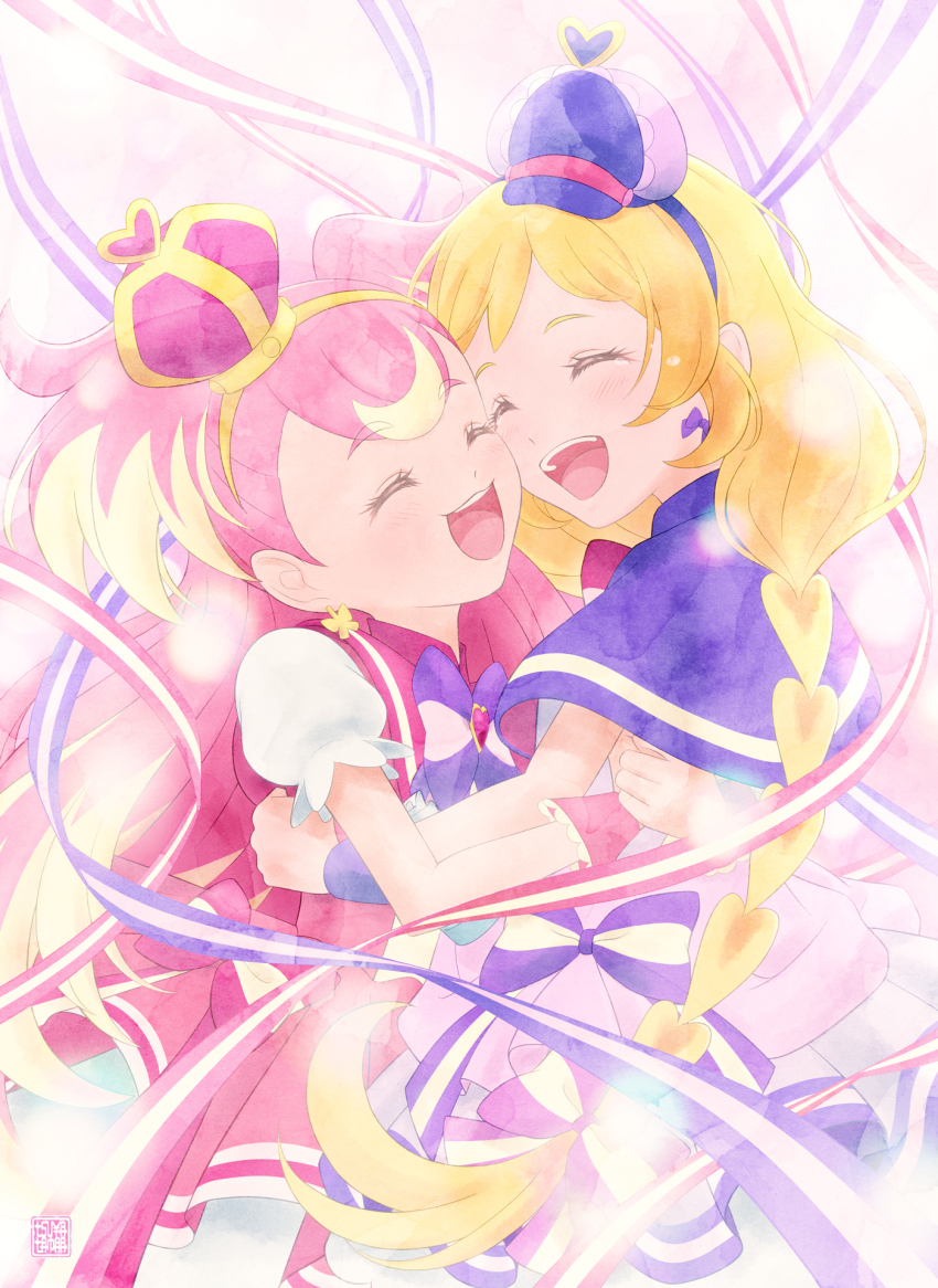 2girls artist_logo blonde_hair blush bow bowtie braid brooch capelet closed_eyes commentary_request crown cure_friendy cure_wonderful dress earrings hair_bow hairband hat heart heart_brooch highres hug inukai_iroha inukai_komugi jewelry logo long_hair low_twin_braids magical_girl mini_crown multicolored_hair multiple_girls open_mouth peaked_cap pink_bow pink_bowtie pink_dress pink_hair precure puffy_short_sleeves puffy_sleeves purple_bow purple_bowtie purple_capelet purple_dress purple_hairband purple_hat short_sleeves sleeveless sleeveless_dress smile tsuyatamaa twin_braids two-tone_hair two_side_up white_sleeves wonderful_precure! wrist_cuffs