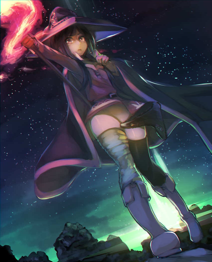 10s 1girl bandages black_eyes black_hair black_panties black_thighhighs boots cape dutch_angle female_focus hat hatahata_p_(taritari1648) highres knee_boots kono_subarashii_sekai_ni_shukufuku_wo! long_hair looking_at_viewer magic megumin night no_panties open_mouth outstretched_arm panties single_thighhigh sky solo staff standing star_(sky) starry_sky thighhighs underwear unworn_panties wide-eyed witch_hat