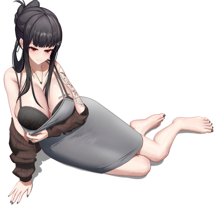 1girl absurdres amiya_(user_rfpj5422) arm_tattoo barcode barcode_tattoo bare_shoulders black_bra black_hair black_nails bra breasts cleavage d_(killer_wife)_(nikke) d_(nikke) dongtan_dress dress folded_ponytail goddess_of_victory:_nikke grey_dress hair_ornament hairclip highres jewelry large_breasts long_hair meme_attire nail_polish necklace off_shoulder red_eyes simple_background sitting smile solo tattoo toenail_polish toenails underwear variant_set white_background yokozuwari