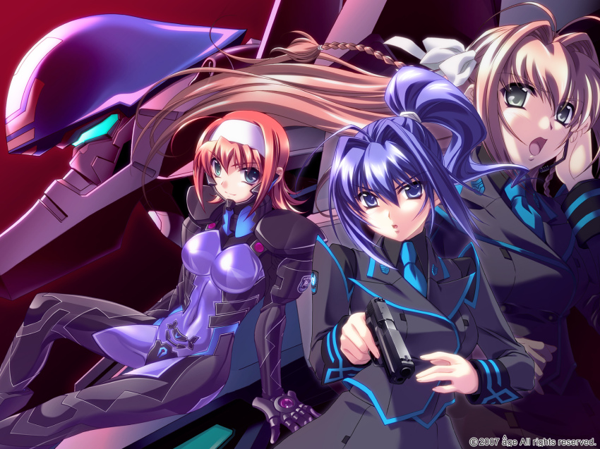 blue_hair bodysuit hayase_mitsuki highres muv-luv orange_hair pilot_suit pink_hair ponytail short_hair source_request suzumiya_akane suzumiya_haruka