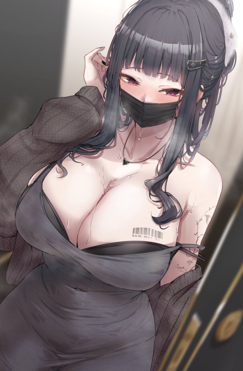 1girl absurdres arm_tattoo barcode barcode_tattoo black_bra black_dress black_hair blush bra bra_peek breast_tattoo breasts cleavage covered_mouth d_(killer_wife)_(nikke) d_(nikke) dress goddess_of_victory:_nikke hair_ornament hairclip hand_up highres jewelry large_breasts long_hair long_sleeves looking_at_viewer mask mouth_mask necklace official_alternate_costume purple_eyes ryuu. solo sweat tattoo underwear