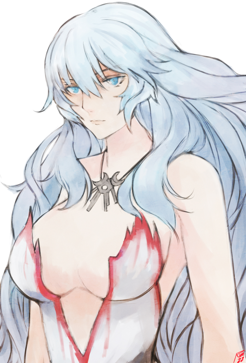 1girl artemis_(fate) blue_eyes breasts cleavage fate/grand_order fate_(series) grey_hair highres large_breasts long_hair moedredd serious simple_background solo white_background