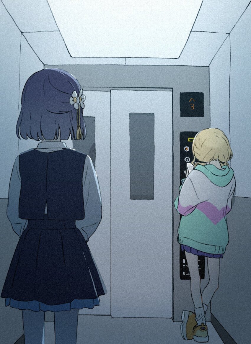 2girls against_wall arrow_(symbol) black_skirt black_vest blonde_hair blue_skirt ceiling_light cellphone collared_shirt elevator facing_away flower from_behind fujita_kotone full_body gakuen_idolmaster green_hoodie hair_flower hair_ornament hataya_misuzu high-waist_skirt highres holding holding_phone hood hood_down hoodie idolmaster knees_apart_feet_together long_sleeves miniskirt multicolored_clothes multicolored_hoodie multiple_girls phone pink_hoodie pleated_skirt purple_hair school_uniform shirt shoes short_hair skirt smartphone socks tenoo12 vest white_flower white_hoodie white_shirt white_socks yellow_footwear