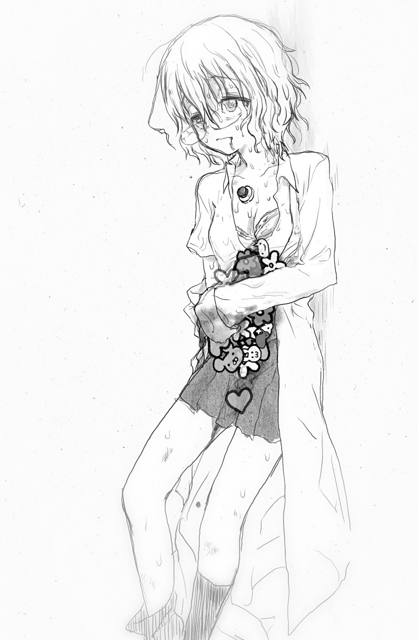 1girl against_wall bleeding blood blood_from_mouth blood_on_clothes bra breasts censored cleavage coat coat_partially_removed collarbone collared_shirt glasses greyscale half-closed_eyes hand_on_own_stomach highres kagaku_chop kneehighs lab_coat long_sleeves looking_ahead medium_breasts messy_hair monochrome nervous_smile novelty_censor open_clothes open_coat open_mouth open_shirt payama pleated_skirt raised_eyebrows sanpaku shirt short_hair short_sleeves single_loose_sock skirt smile socks solo standing suzuzono_sai sweat underwear uneven_eyes very_sweaty wavy_hair