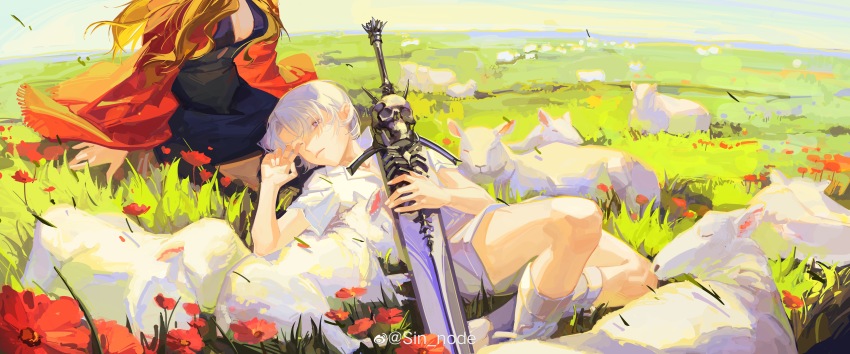 1boy 1girl absurdres aged_down blonde_hair blue_eyes breasts closed_mouth dante_(devil_may_cry) day devil_may_cry_(series) dress eva_(devil_may_cry) faceless faceless_female family field flower flower_field grass highres long_hair mother_and_son multiple_sheep nature outdoors parent_and_child rebellion_(sword) sheep sin_node sky white_hair