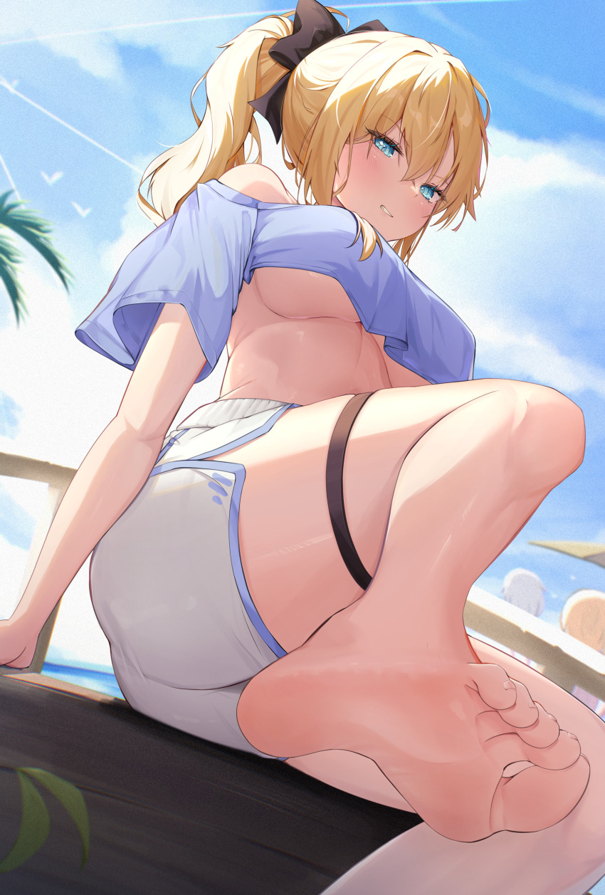 1girl absurdres barefoot blonde_hair blue_eyes blush breasts dolphin_shorts feet genshin_impact highres jean_(genshin_impact) long_hair looking_at_viewer parted_lips ponytail radoremo shorts soles toes underboob