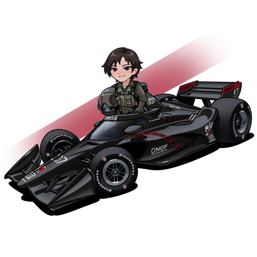 1girl absurdres ace_combat ace_combat_5 arhentol black_gloves black_hair black_jumpsuit blush brown_eyes car dallara_dw12 formula_racer gloves green_vest helmet highres holding holding_helmet indycar_series jumpsuit kei_nagase looking_at_viewer motor_vehicle parted_lips race_vehicle racecar shadow short_hair simple_background smile solo spoiler_(automobile) vehicle_focus vest white_background