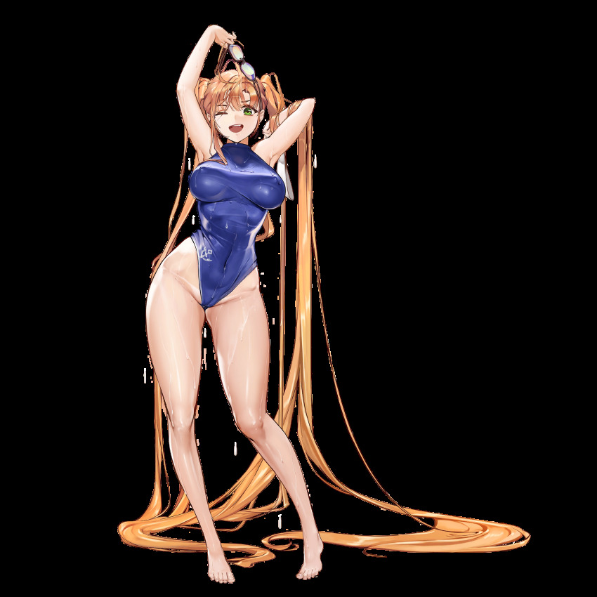 1girl absurdly_long_hair anchor_symbol arms_up barefoot breasts brown_hair cameltoe competition_swimsuit covered_erect_nipples full_body game_cg goggles green_eyes highleg highleg_one-piece_swimsuit highres last_origin long_hair looking_at_viewer medium_breasts nereid_(last_origin) official_art one-piece_swimsuit one_eye_closed orange_hair rorobomb swimsuit transparent_background twintails very_long_hair wet wet_clothes wet_swimsuit