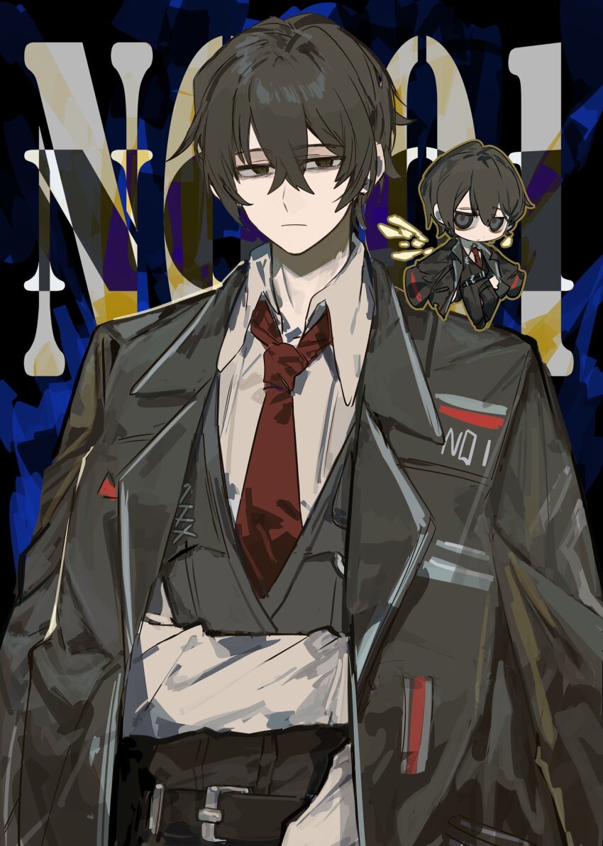 1boy bags_under_eyes belt black_eyes black_hair black_jacket chibi chibi_inset collared_shirt frown hair_between_eyes highres itokenaikei jacket jacket_on_shoulders limbus_company looking_at_viewer male_focus necktie project_moon red_necktie shirt short_hair solo upper_body vest waistcoat white_shirt yi_sang_(project_moon)