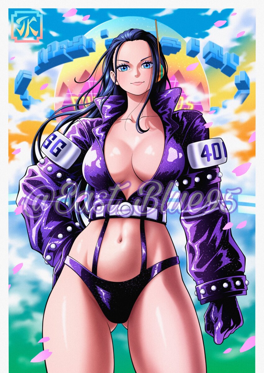 1girl alternate_costume aqua_eyes ass black_gloves black_hair black_jacket blue_sky breasts cleavage crossed_arms eastblue_95 egghead_island eyelashes floating_hair gloves hand_on_own_hip highres jacket large_breasts lips long_hair navel nico_robin nico_robin_(egghead) official_alternate_costume one_piece revealing_clothes shiny_skin sky smile solo standing thighs thong twitter_username watermark