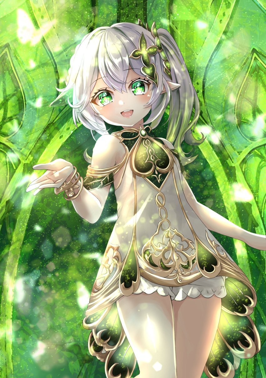 1girl :d bare_shoulders bloomers bracelet commentary cowboy_shot dress gem genshin_impact gold_trim gradient_hair green_background green_eyes green_gemstone green_hair green_theme hair_between_eyes hair_ornament highres jewelry leaf_hair_ornament long_hair looking_at_viewer multicolored_hair nahida_(genshin_impact) nakura_haru open_mouth pointy_ears side_ponytail smile solo star-shaped_pupils star_(symbol) symbol-shaped_pupils teeth thighs underwear upper_teeth_only very_long_hair white_bloomers white_dress white_hair