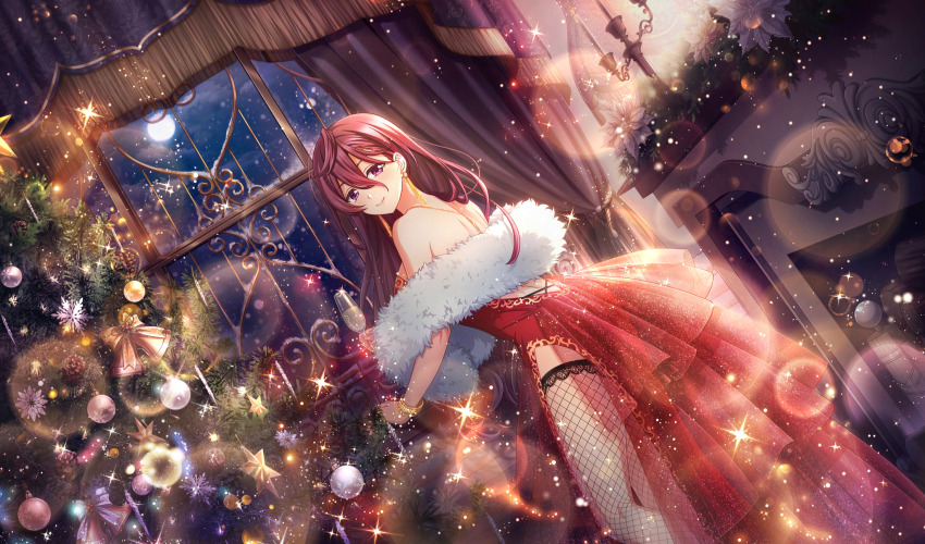 1girl blurry christmas christmas_ornaments christmas_tree cinderella_series closed_mouth cup curtains depth_of_field dress dutch_angle fireplace fishnet_thighhighs fishnets from_behind full_moon game_cg hachigatsu_no_cinderella_nine hair_between_eyes highres holding holding_cup honjo_chikage indoors lens_flare light_particles long_hair looking_at_viewer looking_back moon night non-web_source official_art purple_eyes purple_hair red_dress smile solo sparkle standing strapless strapless_dress thighhighs tinsel very_long_hair wavy_hair window