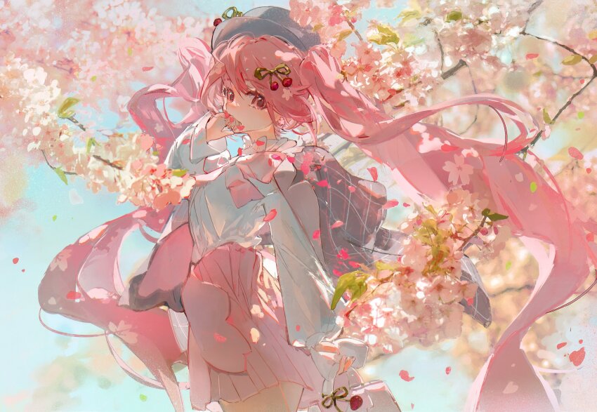 1girl bag cherry_blossoms cherry_hair_ornament commentary cowboy_shot falling_petals food-themed_hair_ornament from_side grey_hat grey_jacket hair_ornament hand_to_own_mouth hand_up handbag hat hatsune_miku highres holding holding_bag jacket kirrrara long_hair long_sleeves looking_at_viewer official_alternate_costume outdoors petals pink_eyes pink_hair pink_skirt plaid_clothes plaid_jacket pleated_skirt sakura_miku sakura_miku_(rella) shirt skirt solo symbol-only_commentary tree twintails very_long_hair vocaloid white_shirt