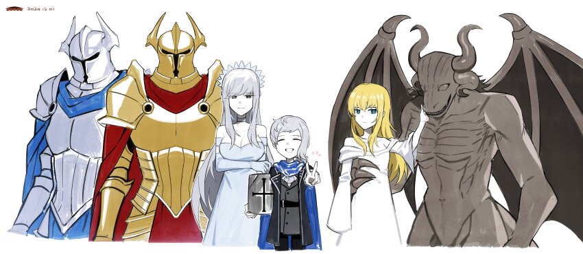 2girls 4boys absurdres armor asdf1211950 bare_shoulders beast_adam_(black_souls) beauty_la_belle_(black_souls) black_coat black_souls blonde_hair cape cinderella_(black_souls) coat crown dress full_armor gargoyle gauntlets gold_armor hand_up highres izu_(black_souls) knight knight_of_the_sun_apollo knight_of_the_wind_boreas long_hair looking_at_viewer multiple_boys multiple_girls off-shoulder_dress off_shoulder red_cape sidelocks simple_background v white_background white_dress