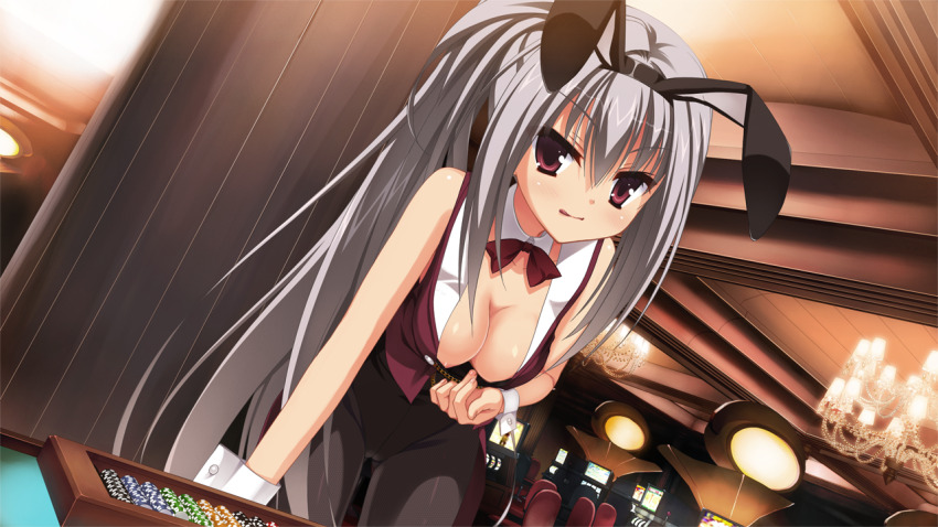 1girl :q animal_ears black_hairband black_leotard black_pantyhose bow bowtie breasts casino closed_mouth collarbone detached_collar downblouse dracu-riot! elena_olegovna_owen fake_animal_ears game_cg grey_hair hair_between_eyes hair_intakes hairband indoors leaning_forward leotard leotard_pull long_hair looking_at_viewer medium_breasts muririn nipples official_art open_clothes open_vest pantyhose playboy_bunny ponytail pulling_own_clothes rabbit_ears red_bow red_bowtie red_eyes red_vest smile solo thigh_gap tongue tongue_out very_long_hair vest wing_collar wrist_cuffs