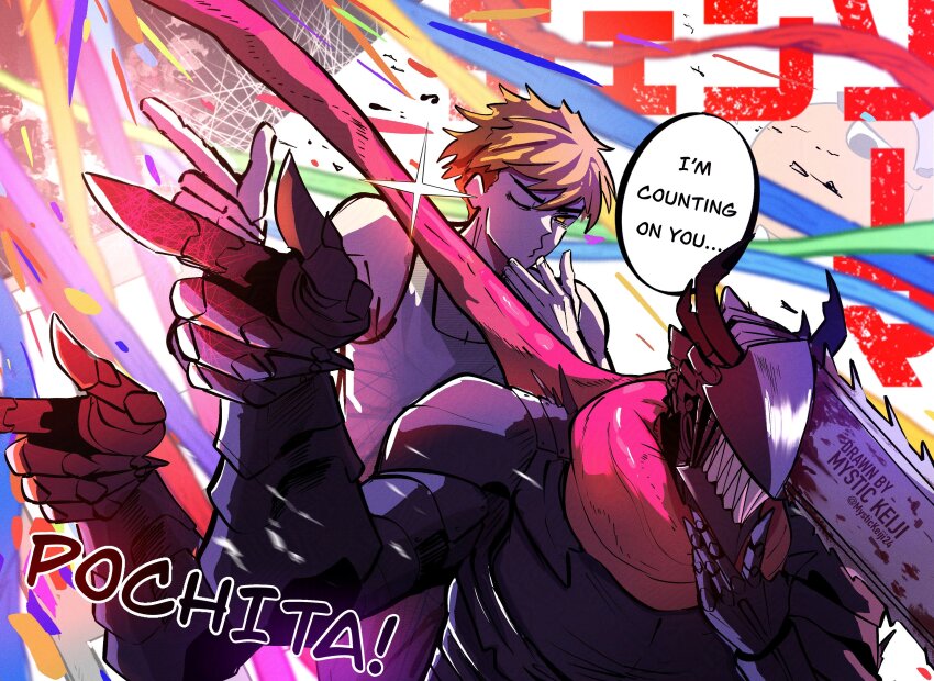 absurdres artist_name chainsaw_devil chainsaw_man denji_(chainsaw_man) extra_arms hand_on_own_chin highres intestine_clothing jujutsu_kaisen looking_at_viewer looking_to_the_side mystickeiji24 one_eye_closed pochita_(chainsaw_man) rainbow_gradient tank_top toudou_aoi_(jujutsu_kaisen) white_tank_top