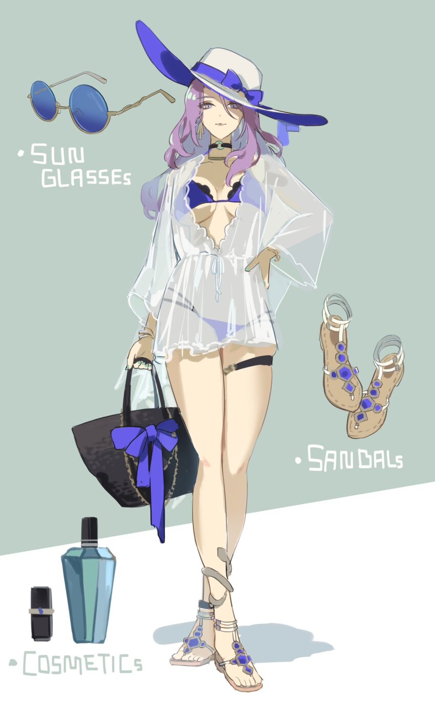 1girl alternate_costume bag bikini choker cosmetics full_body handbag hat highres honkai:_star_rail honkai_(series) ikenotori jade_(honkai:_star_rail) large_hat long_sleeves o-ring o-ring_choker purple_bikini purple_hair sandals see-through see-through_shirt see-through_sleeves shirt solo sunglasses swimsuit toeless_footwear toes white_hat