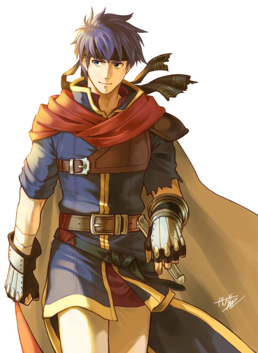 1boy blue_eyes blue_hair cape dark_blue_hair fingerless_gloves fire_emblem fire_emblem:_path_of_radiance gloves headband highres ike_(fire_emblem) jandara_rin looking_to_the_side nintendo red_cape two-tone_cape yellow_cape