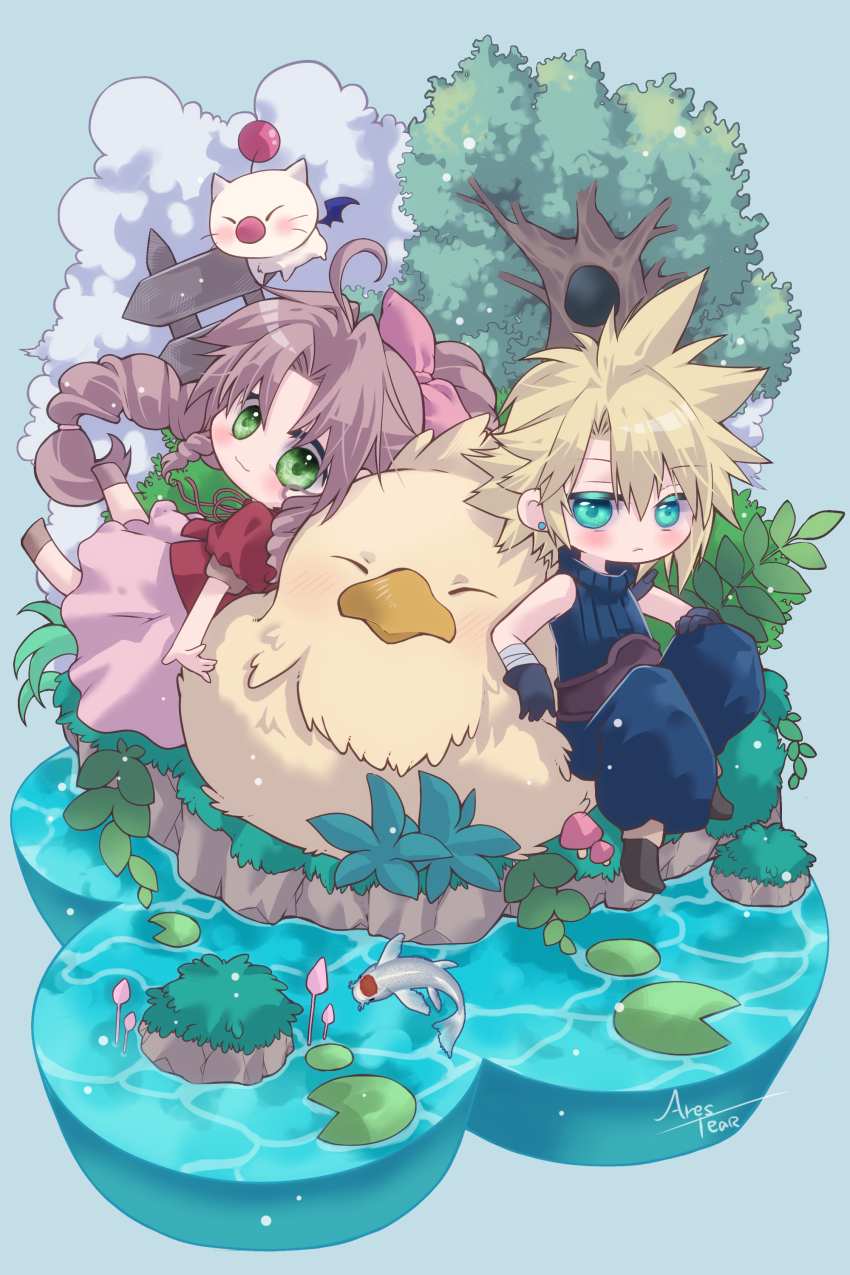 1boy 1girl :3 absurdres aerith_gainsborough ahoge aqua_eyes arestear0701 artist_name baggy_pants bandaged_arm bandages belt bird black_footwear black_gloves blonde_hair blue_pants blue_shirt blush braid braided_ponytail brown_belt brown_footwear brown_hair chibi chocobo closed_mouth cloud_strife creature cropped_jacket dress earrings fat_chocobo fence final_fantasy final_fantasy_vii final_fantasy_vii_remake fish full_body gloves green_eyes grey_background hair_between_eyes hair_ribbon hair_tie highres jacket jewelry long_dress long_hair moogle nature outdoors outstretched_arm pants parted_bangs pink_dress pink_ribbon plant puffy_short_sleeves puffy_sleeves red_jacket ribbon shirt short_hair short_sleeves sidelocks single_braid single_earring sitting sleeveless sleeveless_turtleneck spiked_hair tree turtleneck water