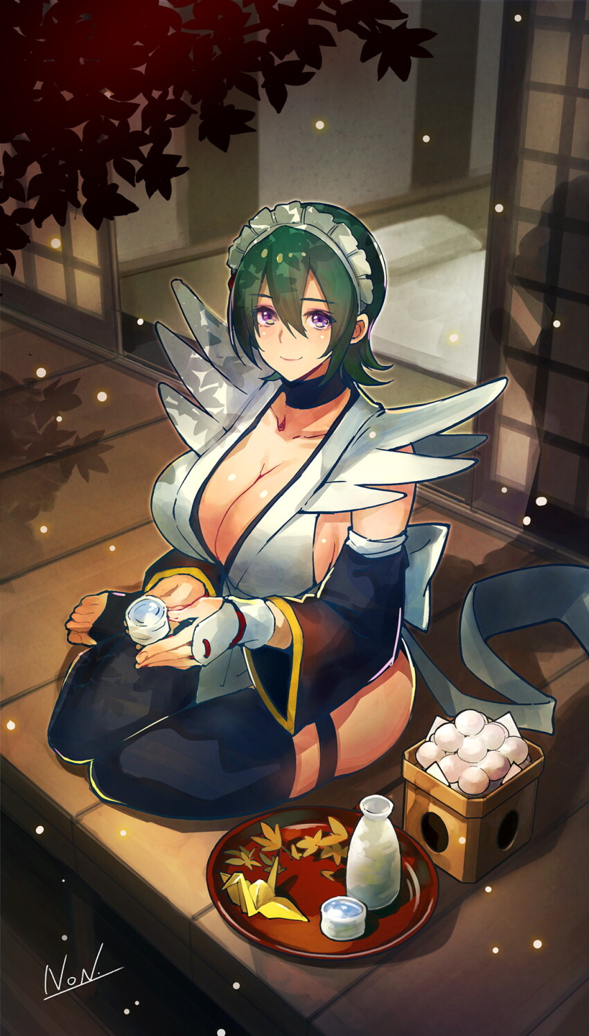 1girl alcohol arm_guards artist_name bare_shoulders bed_sheet black_choker black_hair black_thighhighs bottle breasts choker choko_(cup) cleavage closed_mouth collarbone commentary_request cup detached_sleeves egg from_above green_hair hair_between_eyes highres holding iroha_(samurai_spirits) japanese_clothes kimono kujou_non large_breasts leaf looking_at_viewer maid maid_headdress origami paper_crane pelvic_curtain pillow purple_eyes sake sake_bottle samurai_spirits short_hair shouji sitting sliding_doors smile snowing tatami thigh_strap thighhighs toeless_legwear toes tray unconventional_maid white_kimono wooden_floor yokozuwari