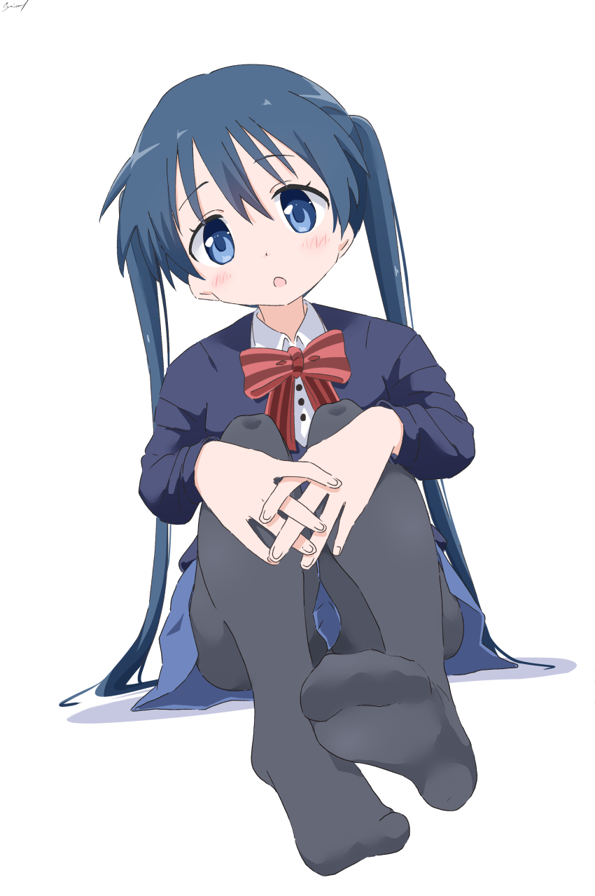 1girl absurdres artist_name black_pantyhose blue_eyes blue_hair blush cynical_(llcbluckg_c004) dot_nose feet female_focus highres kin-iro_mosaic komichi_aya long_hair long_sleeves looking_at_viewer no_shoes open_mouth pantyhose school_uniform shirt simple_background sitting solo sweater twintails white_background