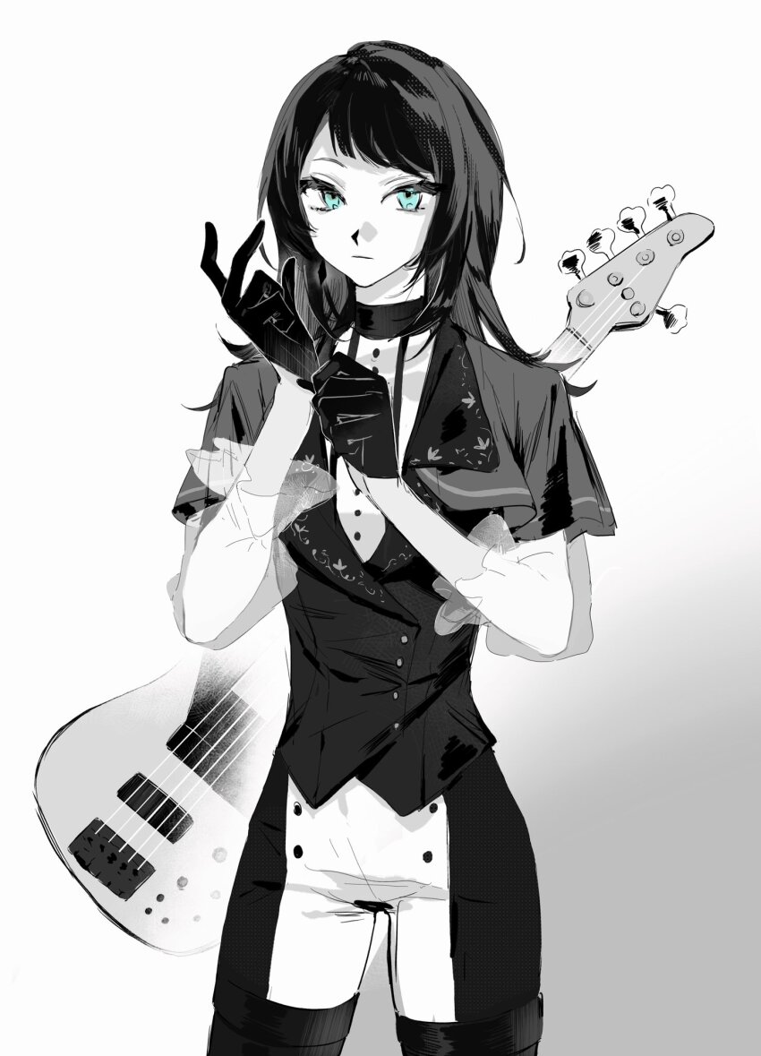 1girl bang_dream! bang_dream!_it&#039;s_mygo!!!!! blue_eyes boots capelet chhhh0me commentary electric_bass_guitar gloves greyscale hashtag-only_commentary highres medium_hair monochrome pants putting_on_gloves shirt solo spot_color thigh_boots timoris_(bang_dream!) two-tone_pants vest yahata_umiri