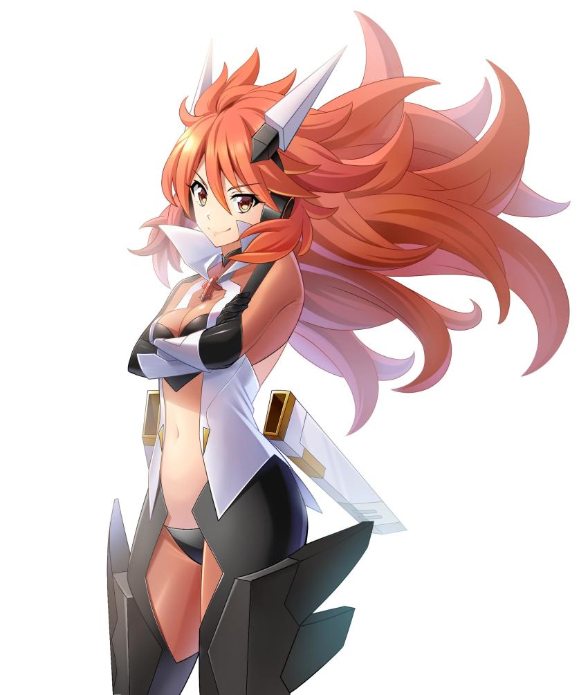 1girl absurdres amou_kanade breasts brown_eyes closed_mouth cowboy_shot crossed_arms floating_hair hair_between_eyes headphones highres long_hair medium_breasts midriff navel nyanmaru orange_hair senki_zesshou_symphogear simple_background smile solo spiked_hair standing stomach very_long_hair white_background