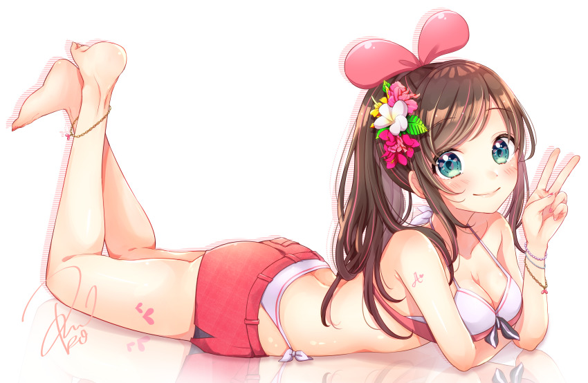 1girl absurdres akowazaki alternate_hairstyle anklet ass bare_shoulders barefoot bikini bikini_under_clothes blue_eyes blush bracelet breasts brown_hair cleavage collarbone commentary_request feet female_focus flower hair_flower hair_ornament hairband halterneck highres jewelry kizuna_ai kizuna_ai_inc. long_hair looking_at_viewer lying medium_breasts multicolored_hair nail_polish on_stomach pink_nails pink_shorts ponytail short_shorts shorts side-tie_bikini_bottom sidelocks signature smile solo streaked_hair string_bikini swimsuit tattoo the_pose v virtual_youtuber