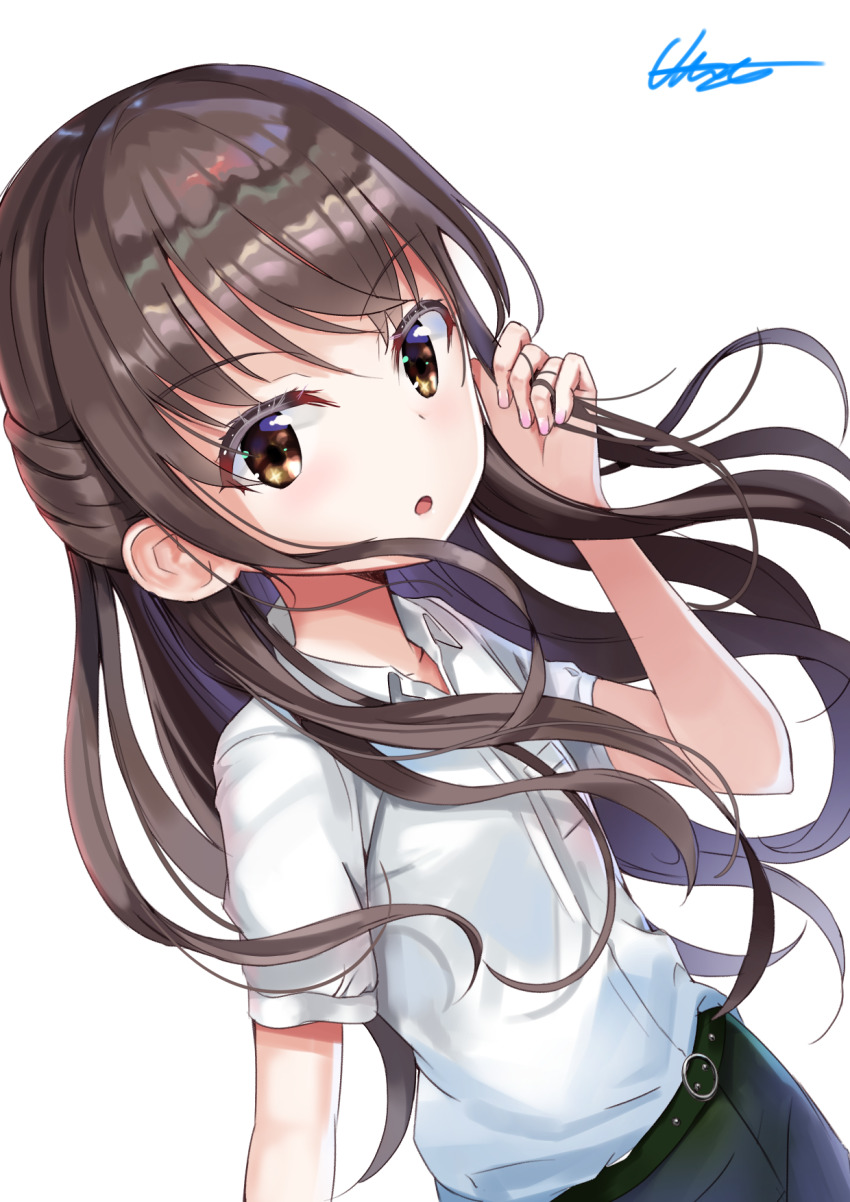 1girl brown_eyes brown_hair hand_in_own_hair highres idolmaster idolmaster_cinderella_girls idolmaster_cinderella_girls_starlight_stage long_hair looking_at_viewer open_mouth shirt signature simple_background skirt solo tachibana_arisu uno_(unoirasuto) white_shirt