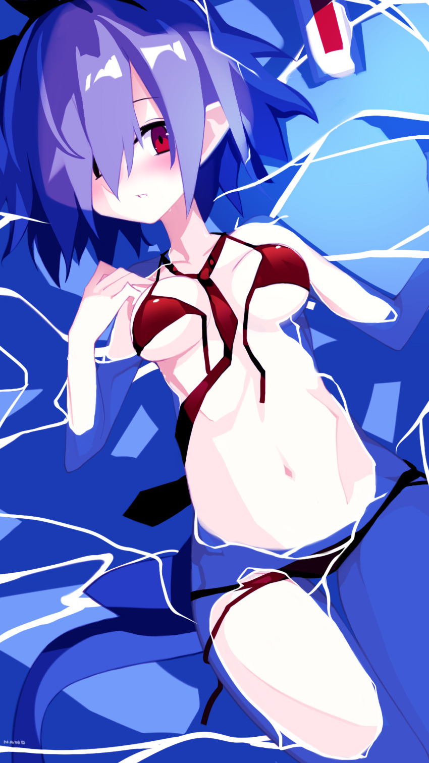 1girl absurdres bikini blue_hair breasts disgaea hair_over_one_eye hairband highres nanozenzen pleinair pointy_ears red_eyes short_hair small_breasts solo swimsuit very_short_hair water