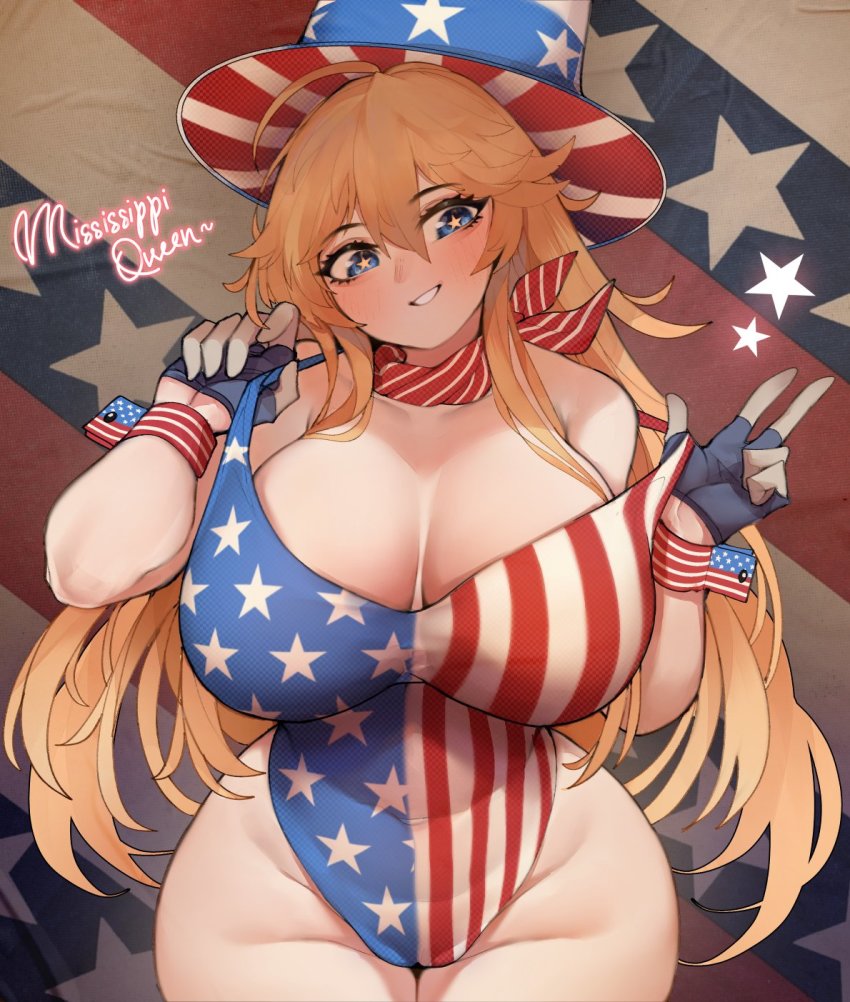 1girl ahoge alternate_costume american_flag american_flag_hat american_flag_print american_flag_swimsuit blonde_hair blue_eyes blush breasts commentary english_commentary flag_print gloves hair_between_eyes hat highres huge_breasts iowa_(kancolle) kantai_collection long_hair looking_at_viewer off_shoulder one-piece_swimsuit scarf sidelocks simple_background solo star-shaped_pupils star_(symbol) swimsuit symbol-shaped_pupils top_hat uni_(oni_unicorn) united_states very_long_hair wrist_cuffs yellow_pupils