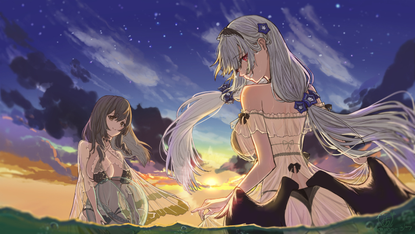 2girls alternate_costume azur_lane bikini black_bikini black_wings breasts charybdis_(azur_lane) charybdis_(prim_sea_breeze)_(azur_lane) cloud commentary_request grey_eyes grey_hair grin hair_ornament highres large_breasts maid_headdress multiple_girls no_headwear oamochi official_alternate_costume red_eyes scylla_(azur_lane) see-through_clothes sky smile star_(sky) starry_sky sunset swimsuit wings