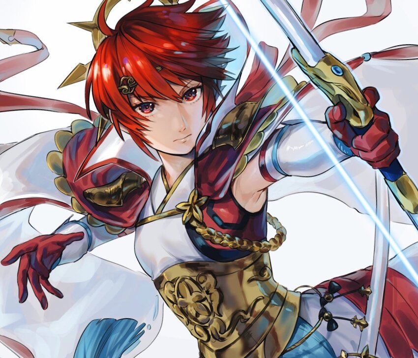 1girl abinosu0903 aiming bow_(weapon) fire_emblem fire_emblem_fates fire_emblem_heroes gloves hinoka_(fire_emblem) hinoka_(thundering_wings)_(fire_emblem) japanese_clothes looking_at_viewer nintendo official_alternate_costume red_eyes red_gloves red_hair short_hair solo weapon