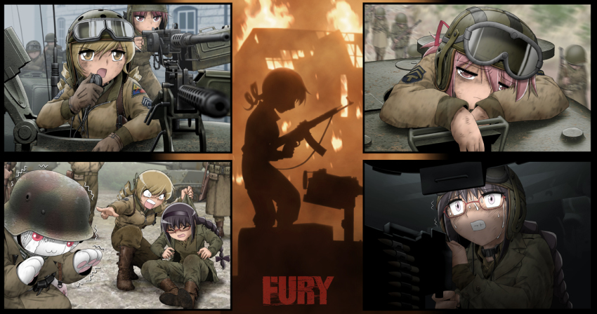 akemi_homura black_hair blonde_hair blue_eyes blue_hair boots braid browning_m1919 browning_m2 building burning combat_boots dirty dirty_clothes dirty_face drill_hair exhausted fire fury_(movie) glasses gloves gun hairband heavy_machine_gun helmet kaname_madoka long_hair m4_sherman machine_gun mahou_shoujo_madoka_magica mahou_shoujo_madoka_magica_(anime) miki_sayaka military military_uniform military_vehicle motor_vehicle mud multiple_girls open_mouth parody pink_eyes pink_hair ponytail purple_eyes red_hair sakura_kyoko shingyouji_tatsuya short_hair soldier sweat tank tank_helmet tears tomoe_mami tree twin_drills twintails weapon world_war_ii yellow_eyes