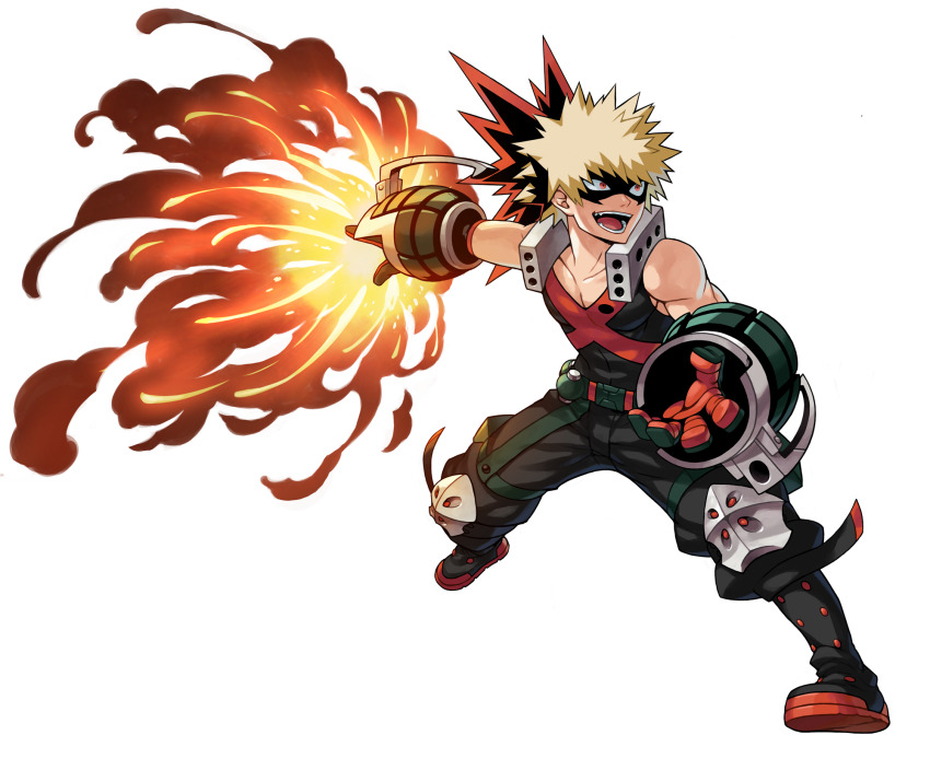 1boy bakugou_katsuki belt blonde_hair boku_no_hero_academia boots elbow_sleeve explosion explosive eye_mask fujimorioekaki gloves grenade highres knee_pads male_focus muscular muscular_male pants pectoral_cleavage pectorals red_eyes short_hair solo spiked_hair superhero_costume tank_top white_background