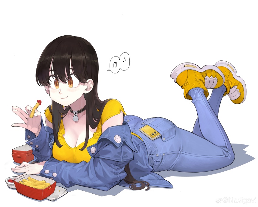 1girl :t absurdres ass beamed_sixteenth_notes big_sister_(navigavi) black_choker black_hair blue_jacket blue_pants box breasts cellphone choker cleavage crossed_ankles eating eighth_note feet_up food french_fries full_body hand_up highres holding holding_food jacket jun_(navigavi) ketchup large_breasts long_hair long_sleeves lying musical_note off_shoulder on_stomach original pants phone phone_in_pocket shirt shoes short_sleeves smartphone smile sneakers solo speech_bubble spoken_musical_note the_pose weibo_logo weibo_watermark white_background yellow_eyes yellow_footwear yellow_shirt