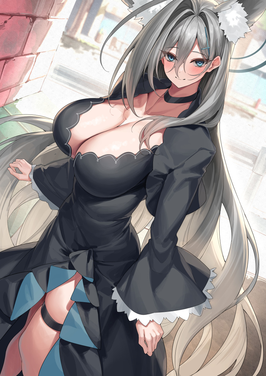 1girl absurdres animal_ear_fluff animal_ears black_dress black_jacket blue_archive blue_eyes blush breasts choker cleavage collarbone cropped_jacket cross_hair_ornament dress extra_ears grey_hair hair_ornament halo highres jacket large_breasts long_hair long_sleeves looking_at_viewer open_clothes open_jacket shiroko_(blue_archive) shiroko_terror_(blue_archive) side_slit sidelocks solo thigh_strap wolf_ears yamanokami_eaka