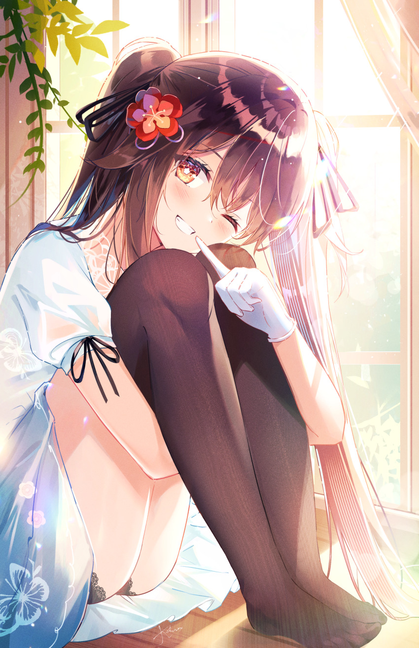 1girl ;d absurdres alternate_costume black_panties black_thighhighs blue_dress blush brown_hair casual commentary day dot_nose dress english_commentary floral_print flower flower-shaped_pupils genshin_impact gloves hair_between_eyes hair_flower hair_ornament highres hu_tao_(genshin_impact) hugging_own_legs indoors knees_to_chest knees_up kokonex long_hair looking_at_viewer one_eye_closed open_mouth panties puffy_short_sleeves puffy_sleeves red_eyes short_sleeves sitting smile solo symbol-shaped_pupils teeth thighhighs twintails underwear white_gloves window