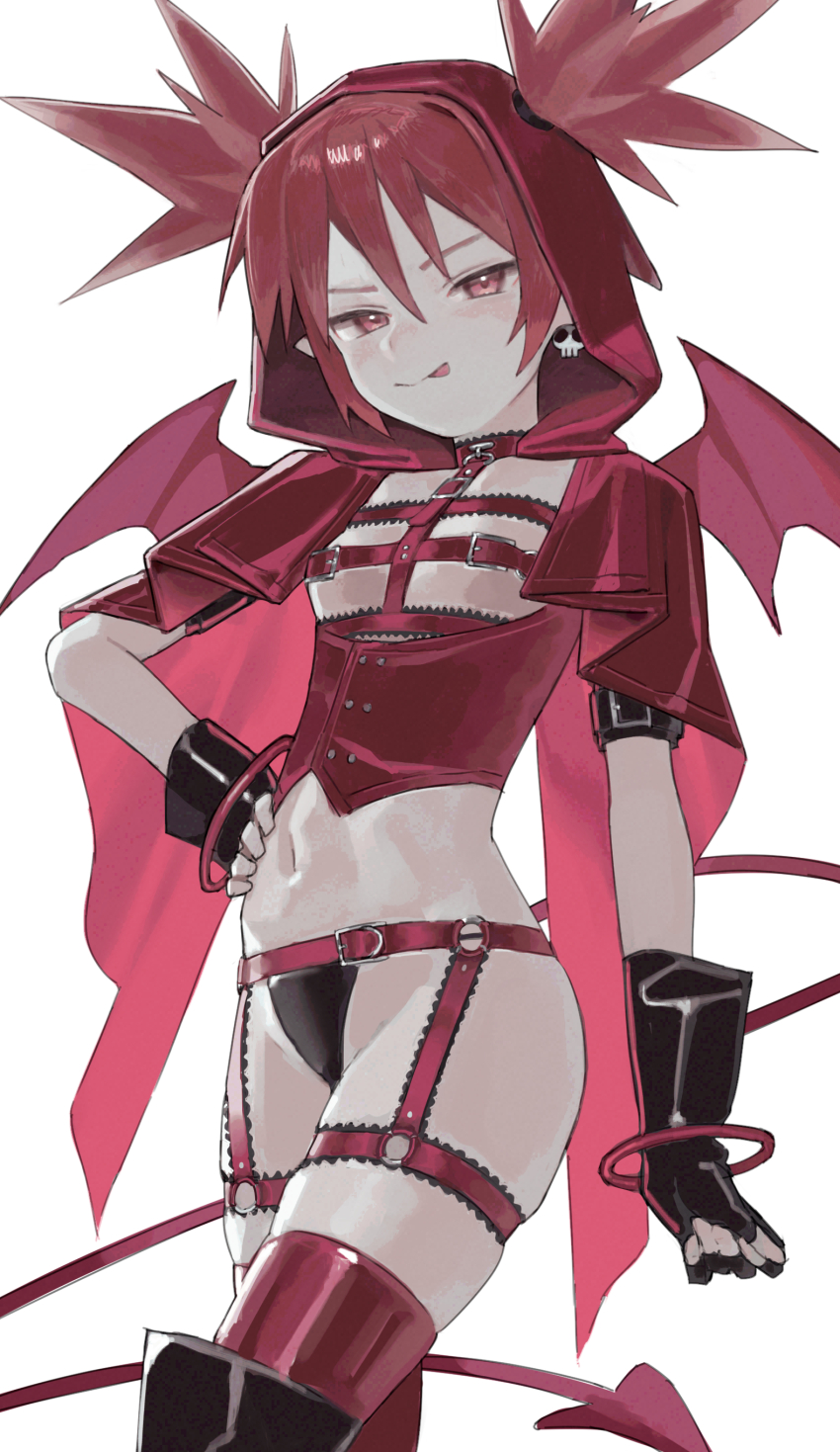 1girl absurdres alternate_costume black_gloves cape collar commission demon_tail disgaea earrings etna_(disgaea) fingerless_gloves garter_straps gloves hand_on_own_hip highres hood hood_up hooded_cape jewelry lingerie looking_at_viewer navel o-ring o-ring_bottom red_cape red_collar red_eyes red_hair saaal653 simple_background skull_earrings smug solo spiked_hair standing tail tongue tongue_out underwear white_background