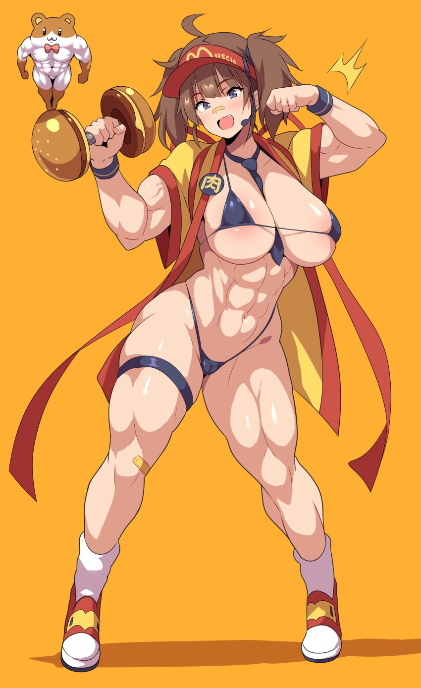 1girl abs absurdres ahoge alternate_muscle_size badge biceps bikini black_bikini black_eyes black_wristband breasts brown_hair burger button_badge cameltoe cleavage double_cheese_(mcdonald&#039;s) employee_uniform exercising fast_food_uniform flexing food happi hat headset highres japanese_clothes konno_tohiro large_breasts looking_at_viewer mcdonald&#039;s muscular muscular_female navel necktie obliques open_happi open_mouth shirt simple_background smile solo striped_clothes striped_shirt swimsuit thick_thighs thighs tie_clip toned twintails visor_cap weightlifting yellow_happi