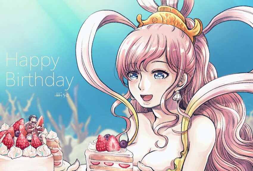 1boy 1girl bikini blue_eyes cake commentary_request coral earrings eating fish_hair_ornament food fruit hagoromo hair_ornament half_updo happy_birthday highres holding holding_plate jewelry looking_at_another misokkasu monkey_d._luffy one_piece open_mouth pink_hair plate shawl shell shell_earrings shirahoshi sidelocks smile strawberry strawberry_shortcake swept_bangs swimsuit yellow_bikini