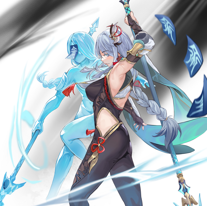 1girl absurdres arm_up armor armpits blue_eyes blue_gemstone breasts bridal_gauntlets brown_gloves clothing_cutout covered_erect_nipples elbow_gloves gem genshin_impact gloves gold_trim grey_hair hair_ornament hair_ribbon highres holding holding_polearm holding_weapon lan_xiezi light_blue_eyes long_hair navel ofuda ofuda_on_head parted_lips pink_lips polearm ponytail red_ribbon ribbon shenhe_(genshin_impact) smile spear spirit talisman tassel thighs weapon